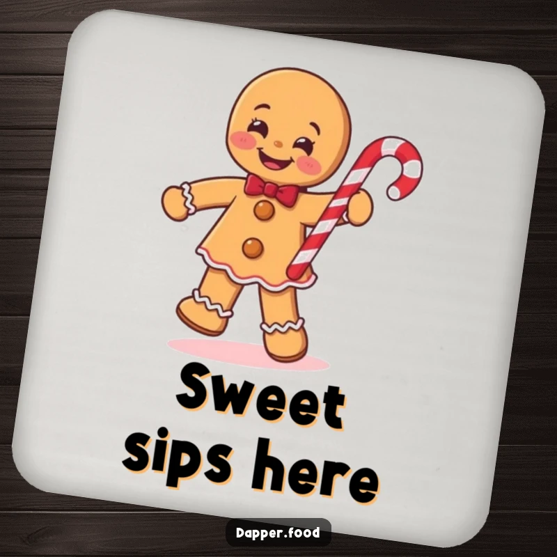 Funny Gingerbread Man Coasters, smiling and jigging with a candy cane, offering humorous festive protection for drinkware.