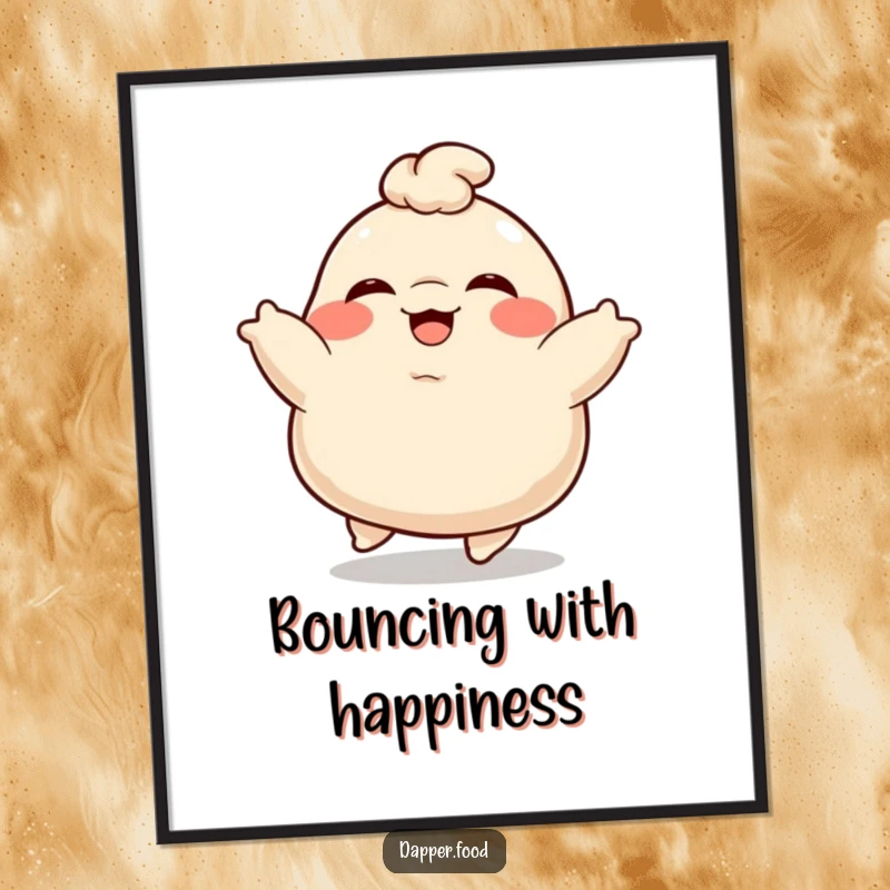 Funny Dumpling Poster: A plump, giggling dumpling character bouncing joyfully, bringing cheerful art to any room.