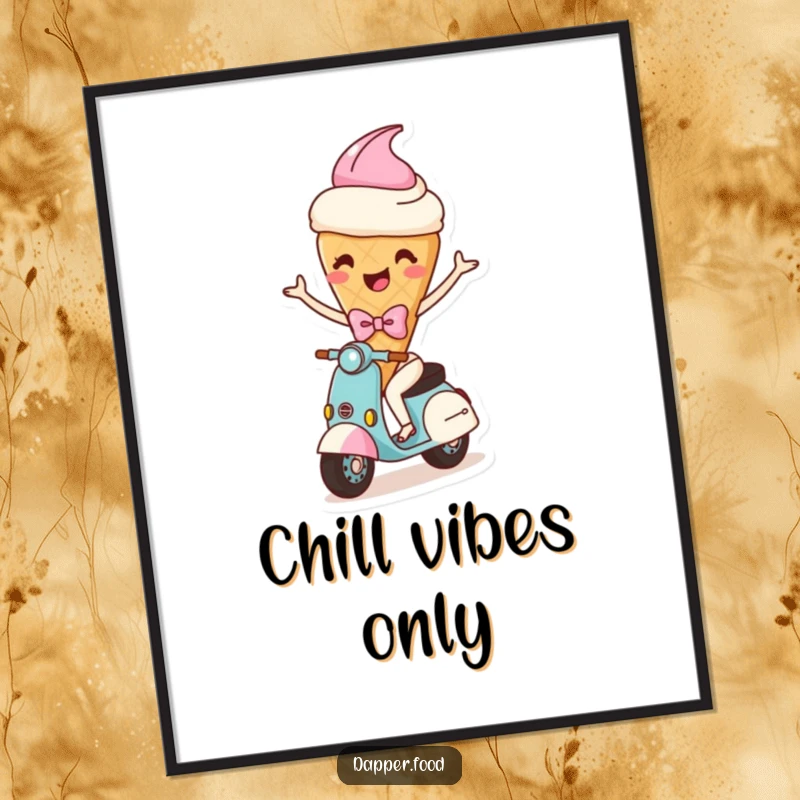 Funny poster of a happy ice cream cone character with arms and a bow, comically riding a scooter, ideal for cheerful wall decor.