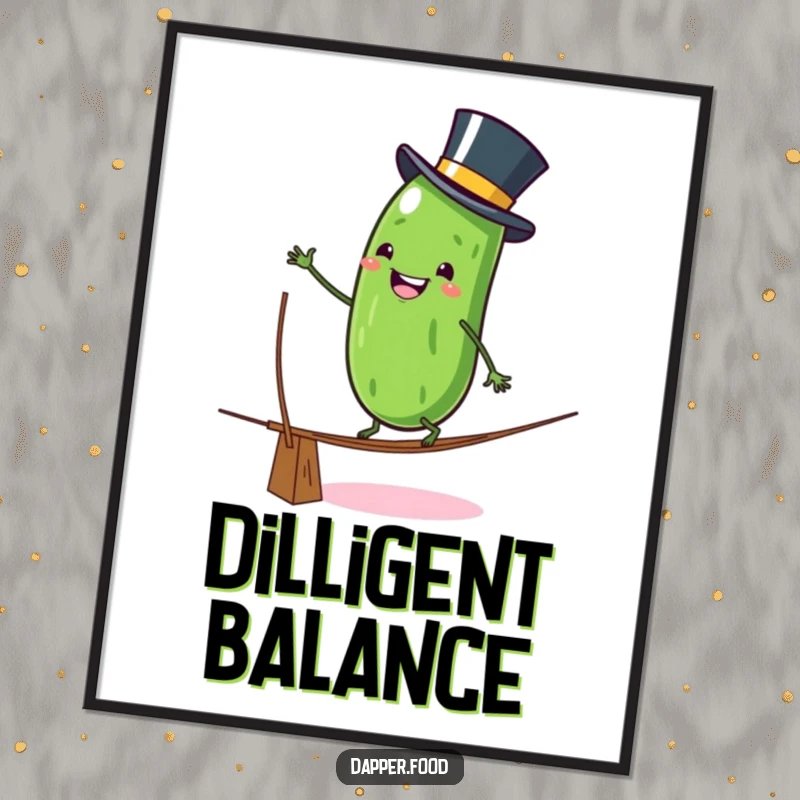 Funny Poster: Grinning anthropomorphic pickle character wearing a top hat, wobbling on a tightrope, perfect for adding daring humor to wall decor.