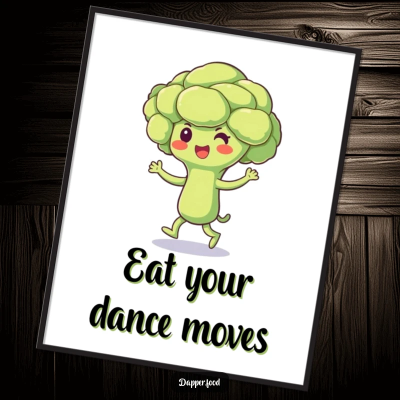 Funny Broccoli Poster featuring a beaming broccoli floret character doing a joyful jig, adding vibrant and humorous wall decor.