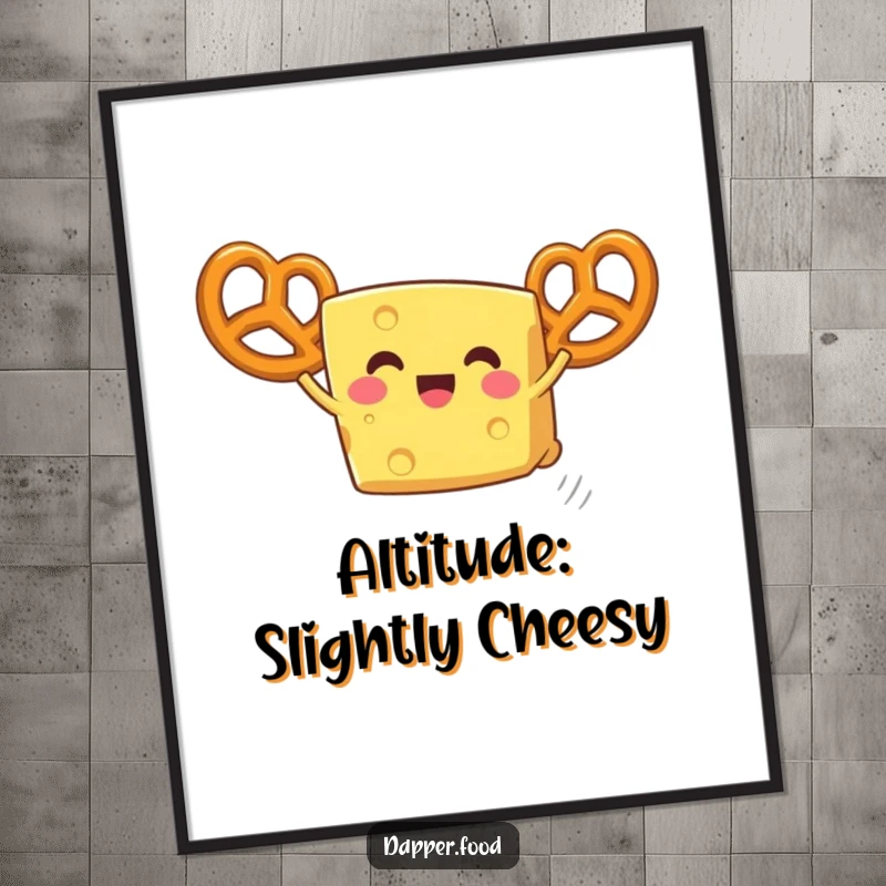 Funny cheese poster, a delighted wedge attempting flight using pretzel wings, a whimsical and comical food illustration.