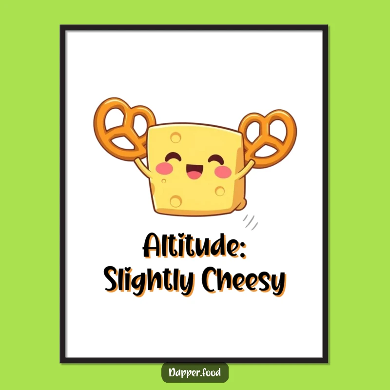 Funny Cheese Flying Poster with Pretzel Wings - Quirky Food Art Print