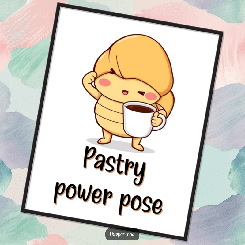 Funny poster artwork of a determined croissant striking a dramatic pose with a miniature coffee cup, creating a visually engaging breakfast scene.