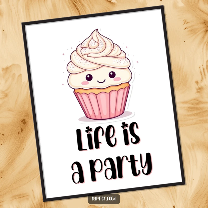 Funny cupcake poster with a joyful character, frosting hair, and a lively confetti shower, creating a festive and happy room decor.