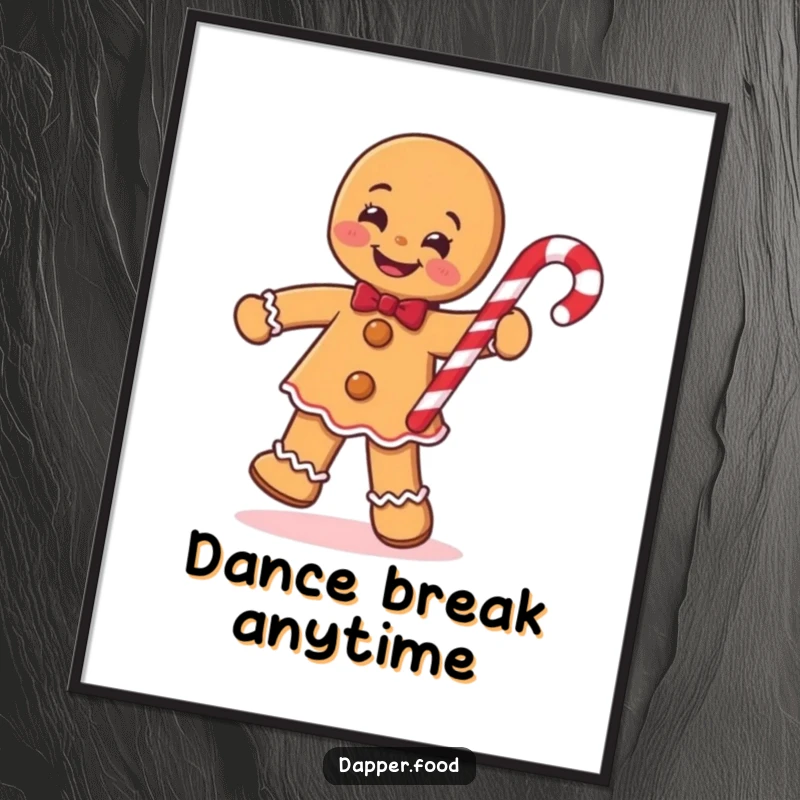Funny Gingerbread Man Poster, smiling and performing a jig with a candy cane, embodying festive holiday art.
