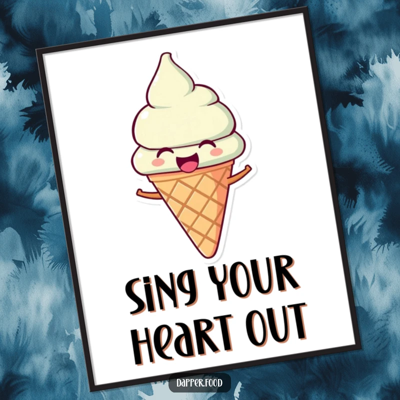 Funny Ice Cream Poster: A joyous ice cream cone character tilted as if singing, bringing cheerful art.