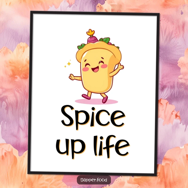 Funny poster showcasing a smiling taco character dancing jubilantly with tiny castanets, a celebration of food and fun.