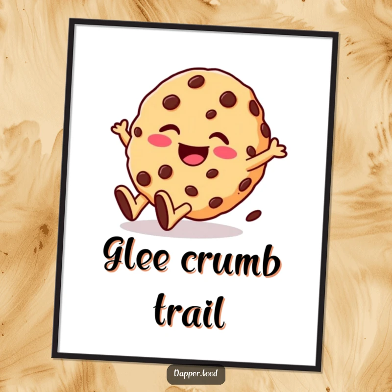 Funny poster showcasing a giggling cookie character with chocolate chips rolling downhill with glee. Joyful and humorous wall art.