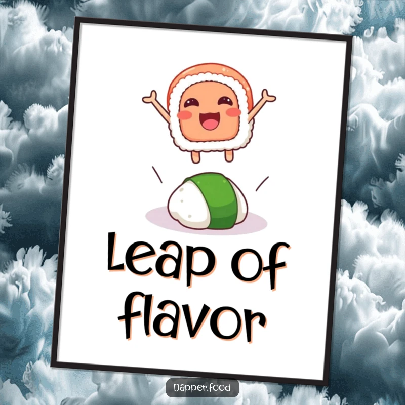 Funny poster depicting a smiling sushi slice joyfully leaping over a rogue wasabi dollop, creating a dynamic and humorous scene.