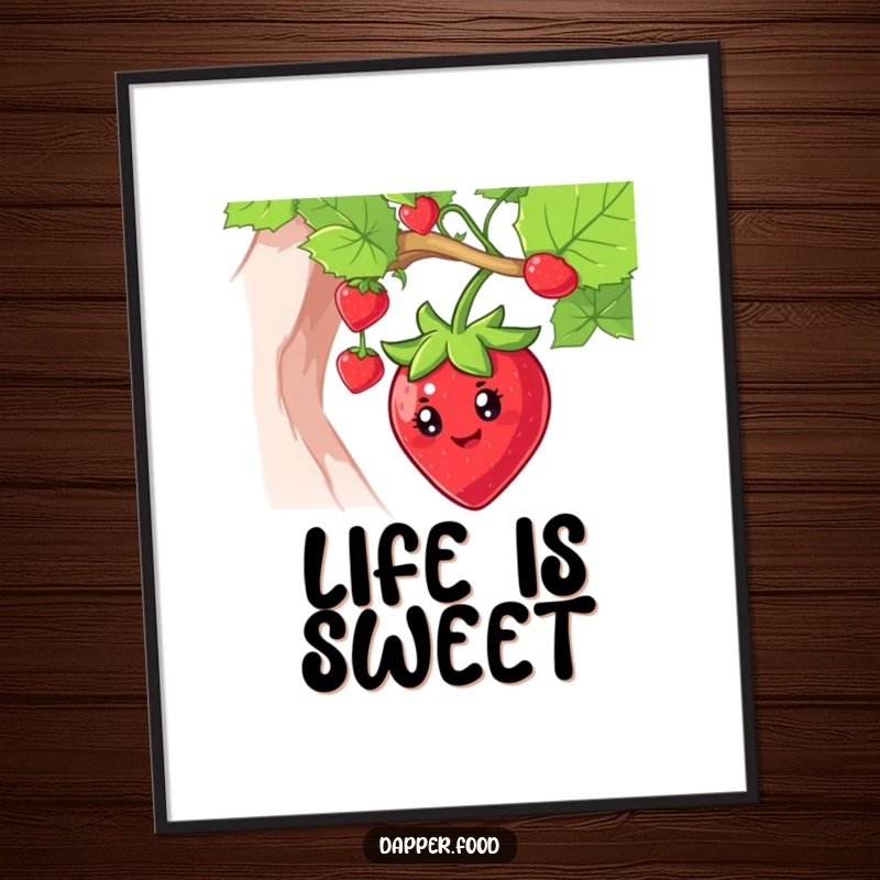 Funny strawberry poster art of a smiling character swinging from a vine, bringing cheerful, fruity energy to decor.