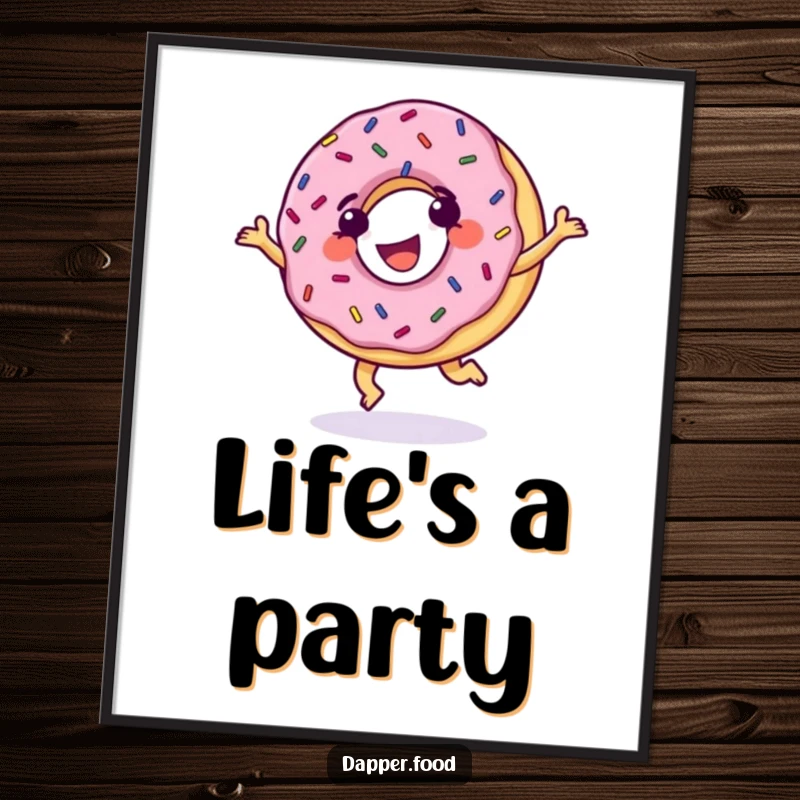 Funny Donut Poster, grinning with sprinkles, performing a cartwheel with glee, symbolizing sweet joy and humorous decor.
