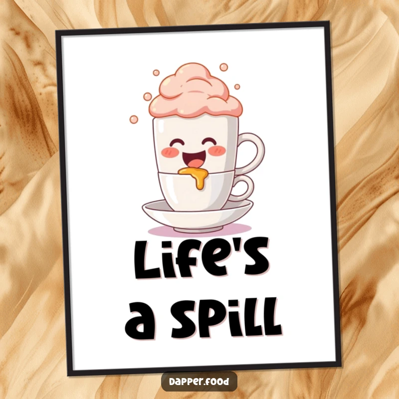 Funny Poster: Cute anthropomorphic coffee mug character gleefully spilling colorful foam, perfect for adding cheerful humor to wall decor.