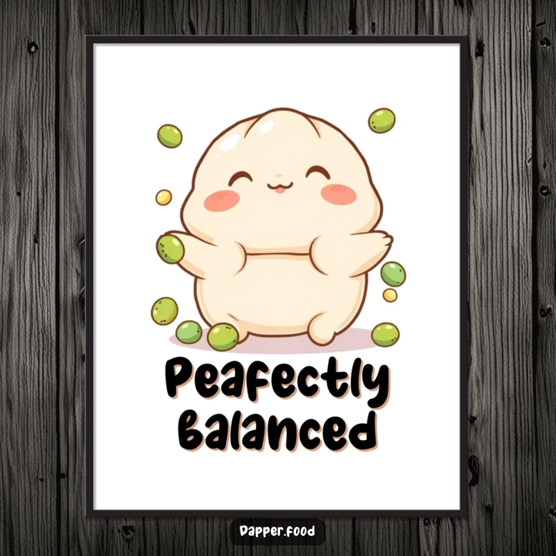 Funny poster art of a playful, rosy-cheeked dumpling character juggling small peas, perfect for humorous wall decor.