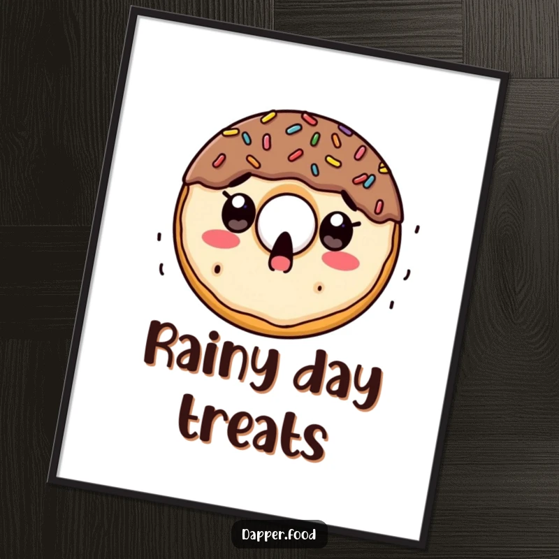 Funny poster art of a wide-eyed doughnut character experiencing a delightful surprise as colorful sprinkles rain down.