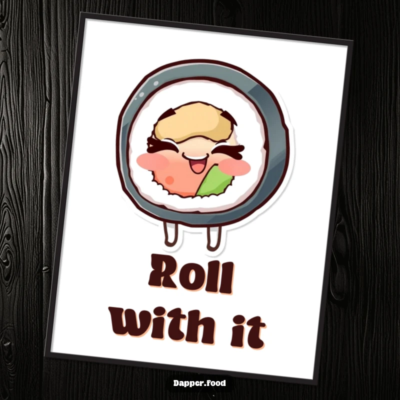Funny poster illustrating a cheerful sushi roll character spinning joyfully with eyes shut, capturing a moment of pure bliss.