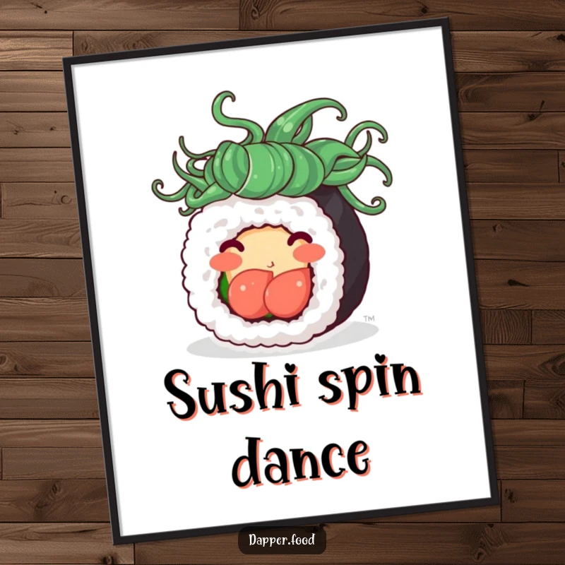 Funny poster artwork of a happy sushi roll with flowing seaweed hair, spinning with pure delight, creating a whimsical and appetizing scene.