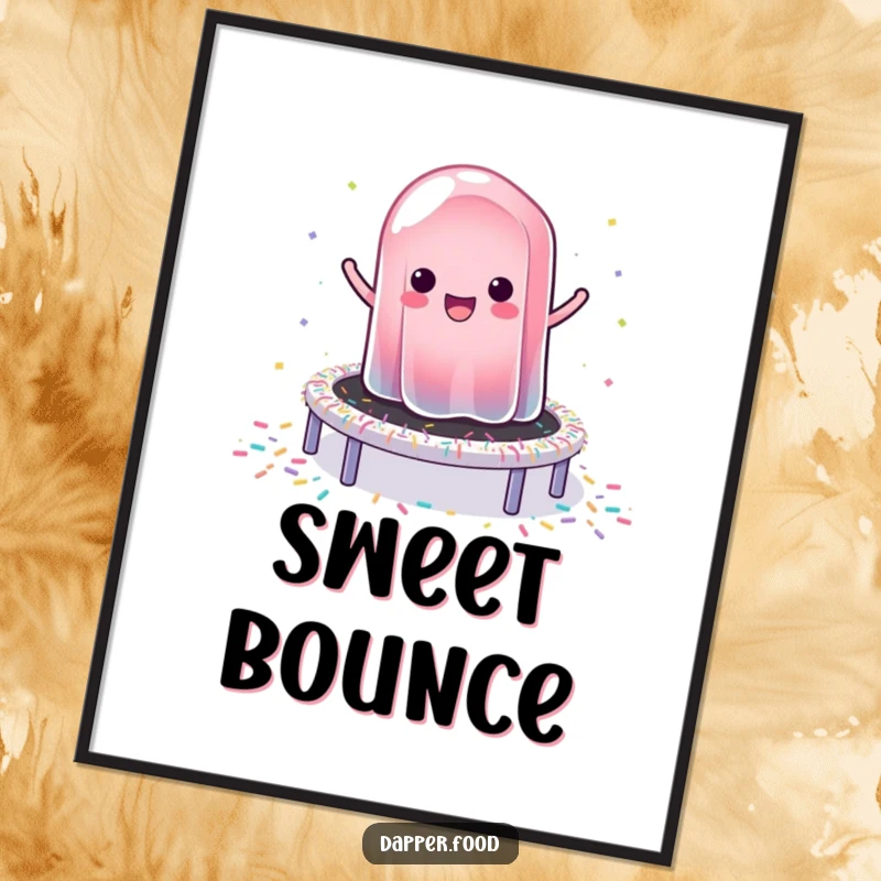 Funny poster depicting a wobbly jelly happily bouncing on a vibrant trampoline made of sprinkles, creating a whimsical scene.