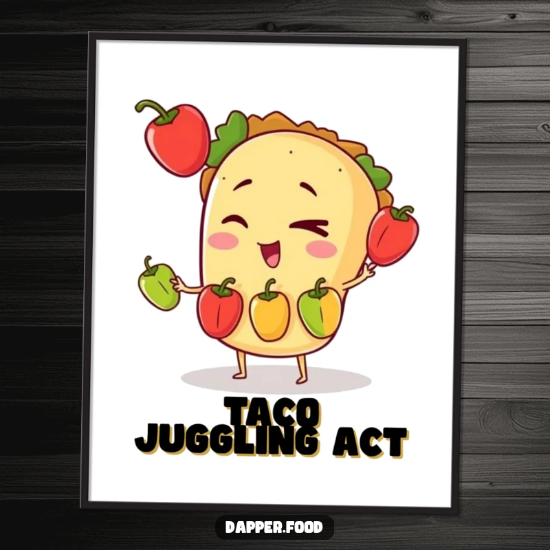 Funny poster art of a winking taco character masterfully juggling three small bell peppers, showcasing impressive culinary skills.