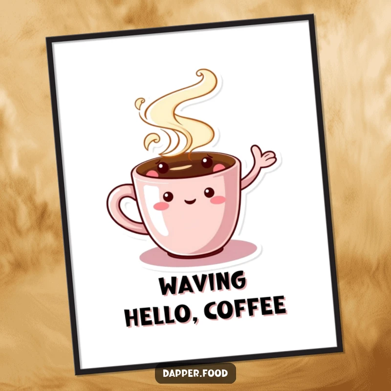 Funny Coffee Cup Poster displaying a charming character with swirling steam, waving, ideal for adding cozy and humorous wall decor.