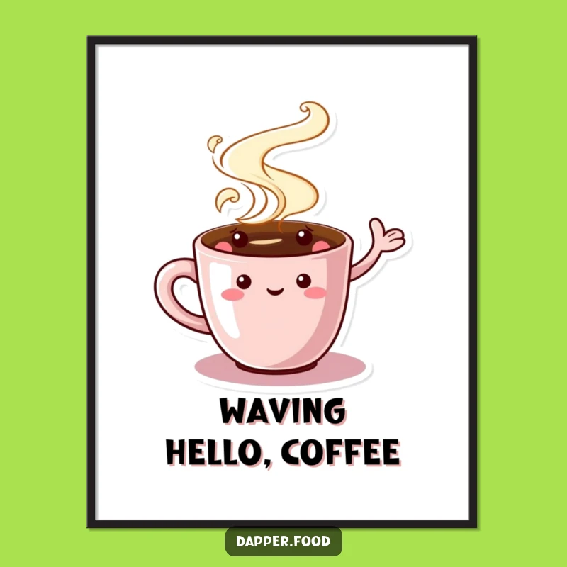 Funny Coffee Cup Poster - Charming Waving Character Art for Cozy Decor