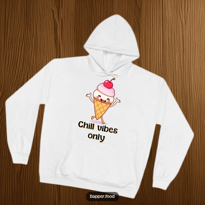 Funny ice cream cone hoodie with a cherry on top performing a lively jig, perfect for cozying up with a smile. Excellent funny gift.