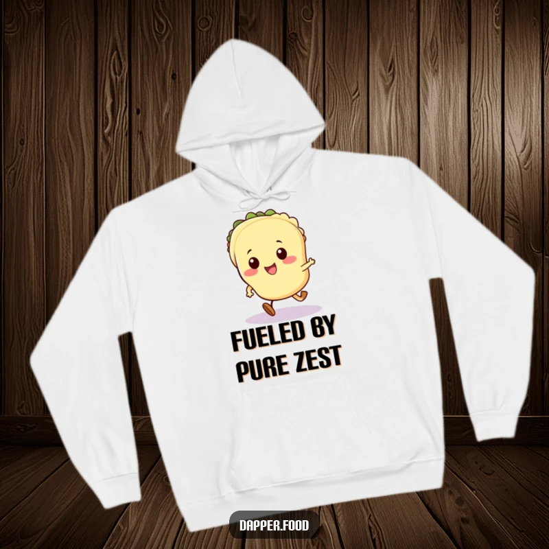 Funny Kawaii taco hoodie with a cute taco character with tiny legs depicted in a spirited running pose.