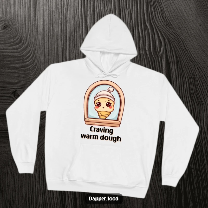 Funny hoodie with a curious croissant character with eyes and a tiny hat, peeking from a bakery window, offering cozy bakery charm.