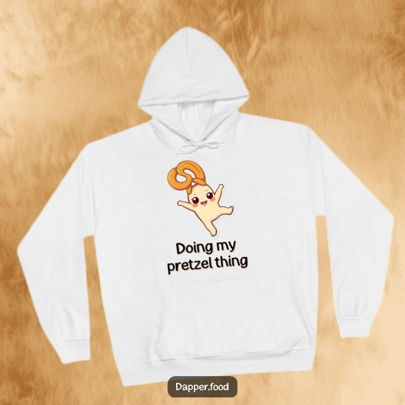 Funny pretzel hoodie, a blissful snack character mid-cartwheel, cozy and full of joy, ideal funny gift.