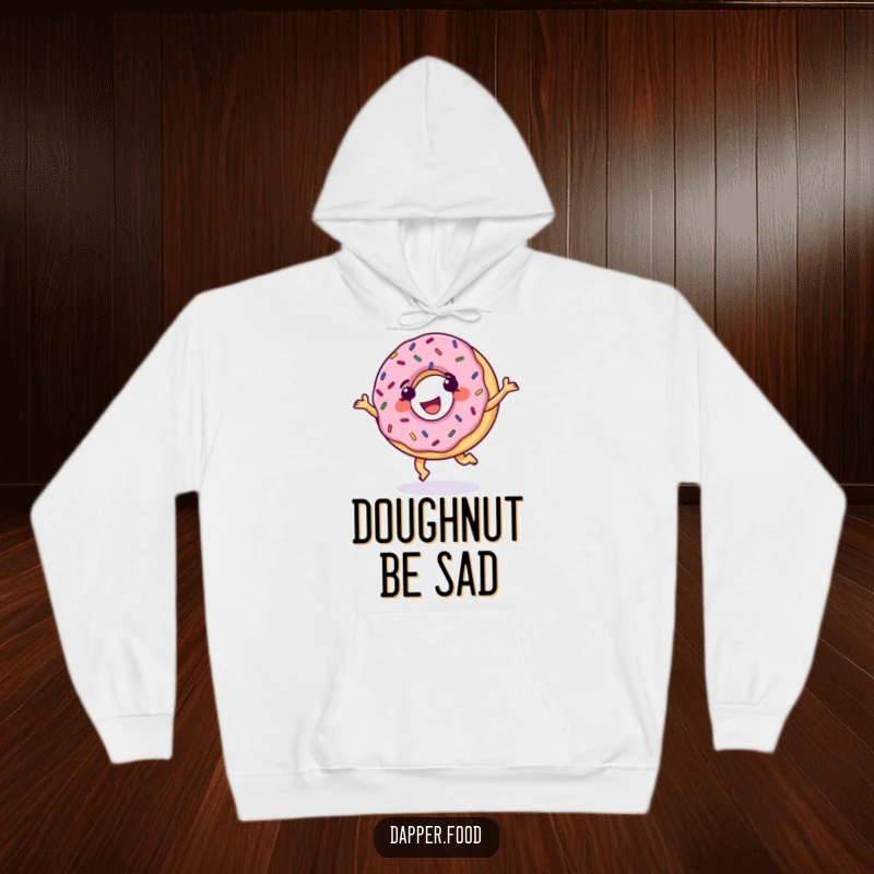 Funny Donut Hoodie, grinning with sprinkles, performing a cartwheel with glee, offering warm and humorous sweet comfort.