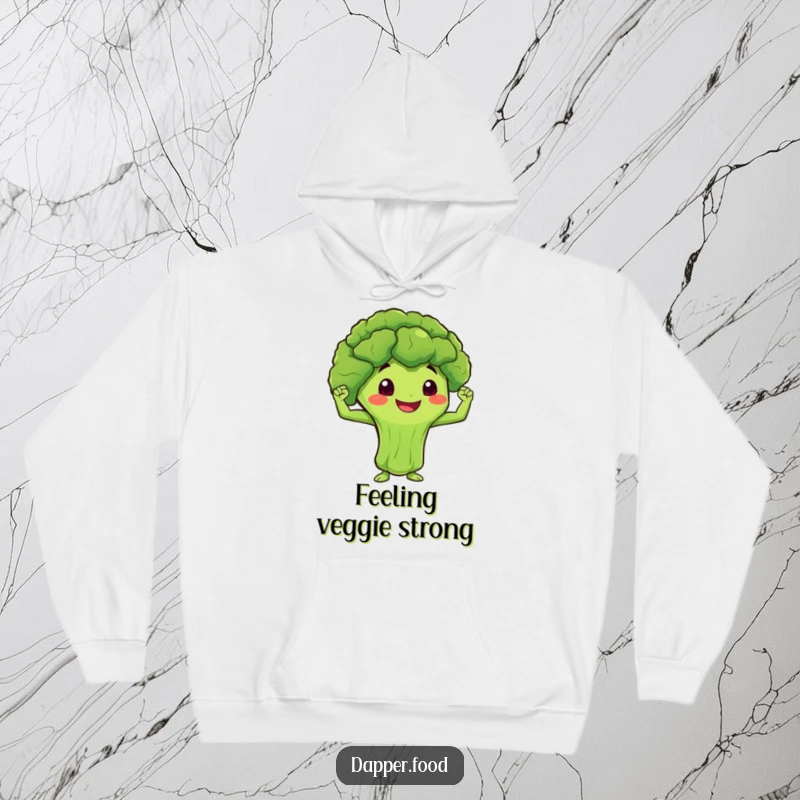 Funny Hoodie featuring a smiling broccoli character with a determined expression, flexing miniature muscles.