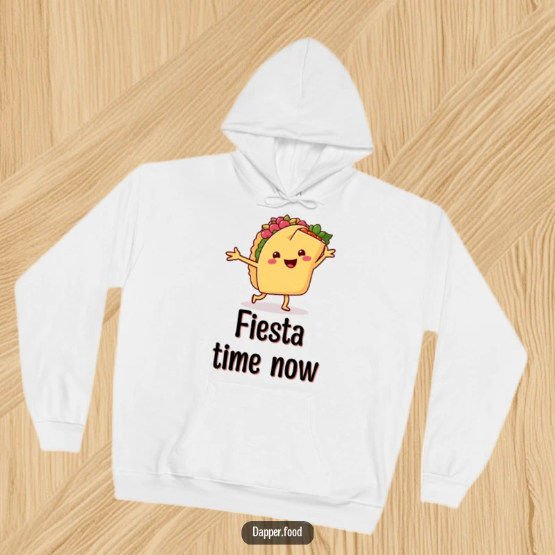 Funny hoodie featuring a happy taco dancing salsa with a cheerful burrito, offering warmth and festive, humorous style.