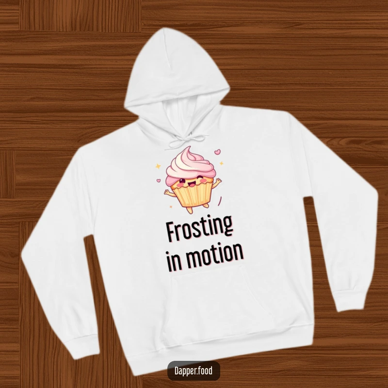 Funny Hoodie: Cheerful anthropomorphic cupcake character in a full bounce, frosting flying, creating a vibrant and amusing visual for cozy wear.