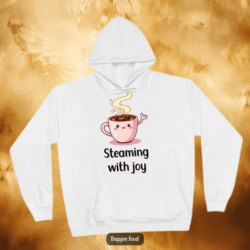 Funny Coffee Cup Hoodie featuring a charming character with swirling steam, waving, offering cozy comfort and a touch of morning cheer.