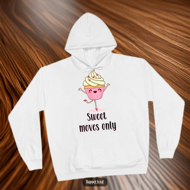 Funny hoodie featuring a cheerful cupcake with legs in a graceful ballet pirouette, combining comfort with sweet artistic expression.