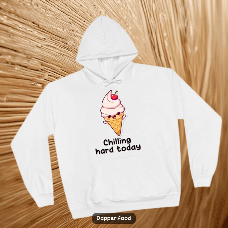 Funny hoodie with a happy ice cream cone character with a cherry topping sliding, offering cozy and sweet humor.