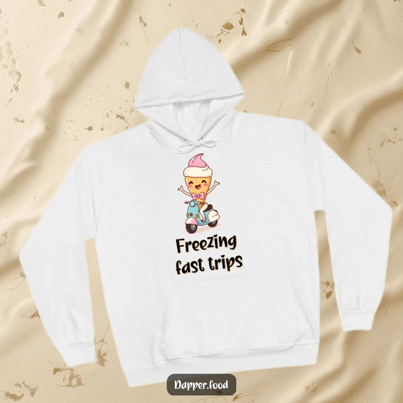 Funny hoodie depicting a happy ice cream cone character with arms and a bow, comically riding a scooter, offering warmth and cheerful style.