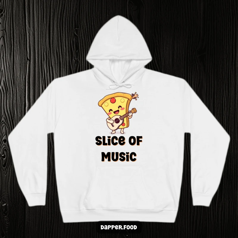Funny hoodie showing a smiling pizza slice playing a ukulele, offering warmth and humorous musical vibes. Cozy and fun.