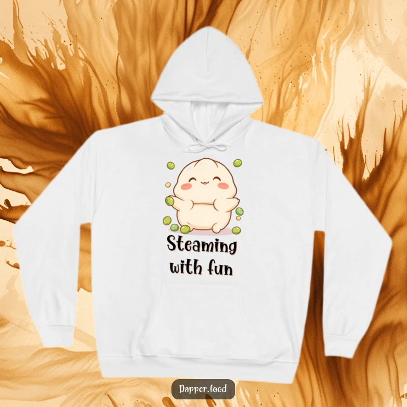 Funny hoodie with a playful, rosy-cheeked dumpling character juggling small peas, offering cozy and cute humor.