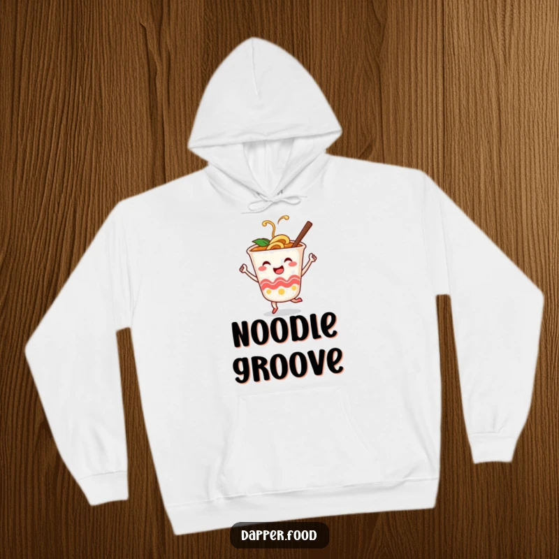 Funny hoodie with a smiling ramen cup character dancing with chopsticks, cozy and full of noodle joy.