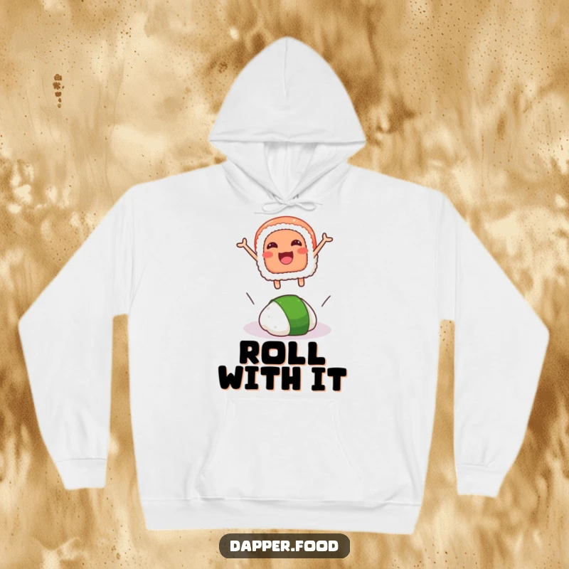 Funny hoodie print of a smiling sushi slice hilariously leaping over a rogue wasabi dollop, ideal for cozy humor.