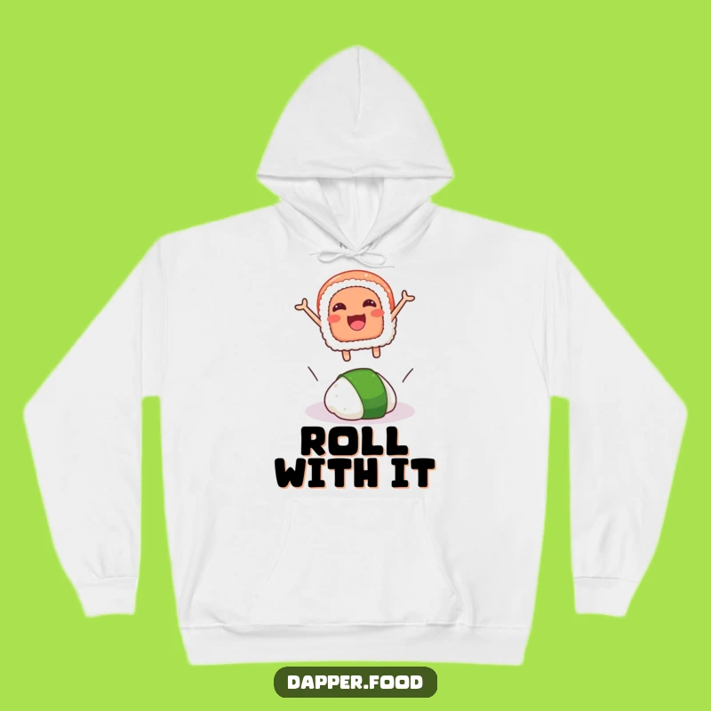 Funny Sushi Leap Hoodie: Cozy Humor with a Sushi Slice Defying Wasabi Gravity