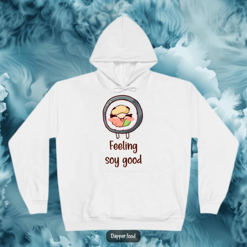 Funny hoodie featuring a content sushi roll character spinning happily with its eyes closed, embodying pure delight.