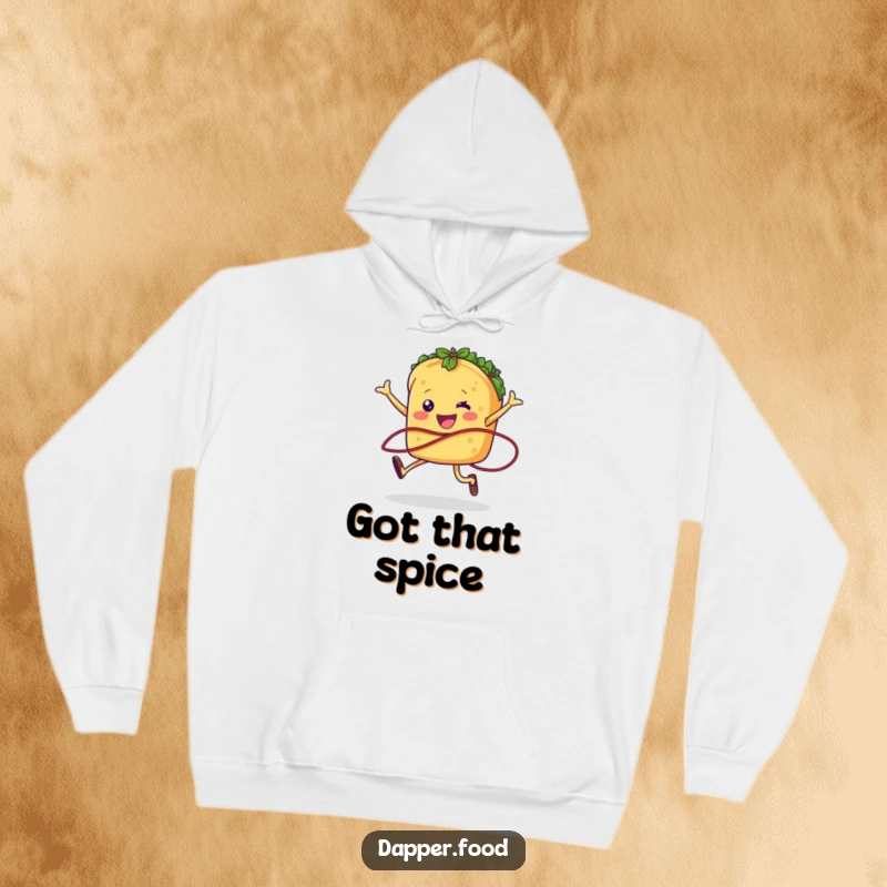 A cheerful taco jumping rope character on a soft hoodie for humorous, comfortable wear during active or relaxed times.