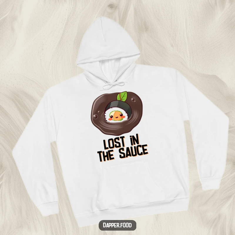 Funny Kawaii sushi hoodie featuring a cute sushi roll character swimming contentedly in soy sauce.