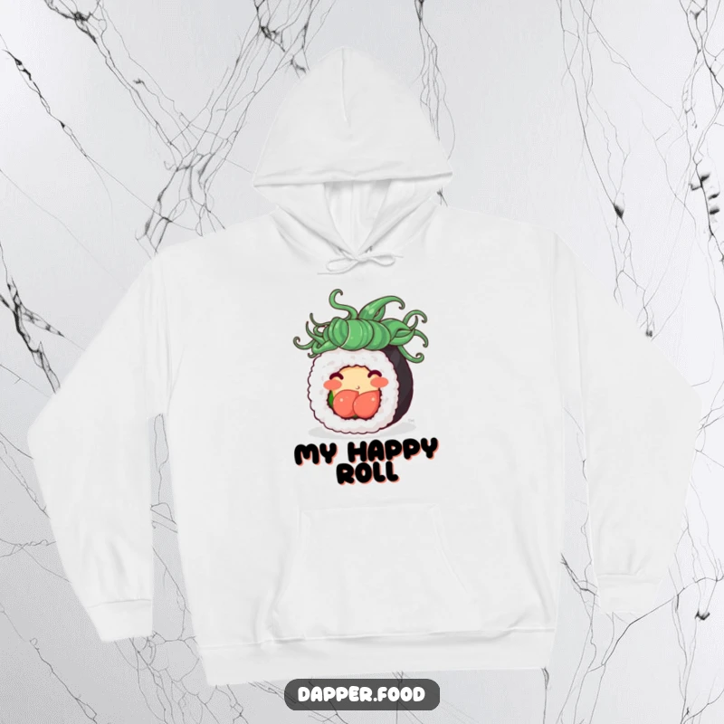 Funny hoodie depicting a happy sushi roll with flowing seaweed hair, spinning with pure delight, offering cozy and humorous vibes.