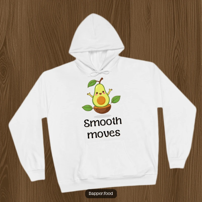 Funny hoodie print of a happy avocado performing a flamboyant pirouette on its pit, perfect for cozy and elegant comfort.