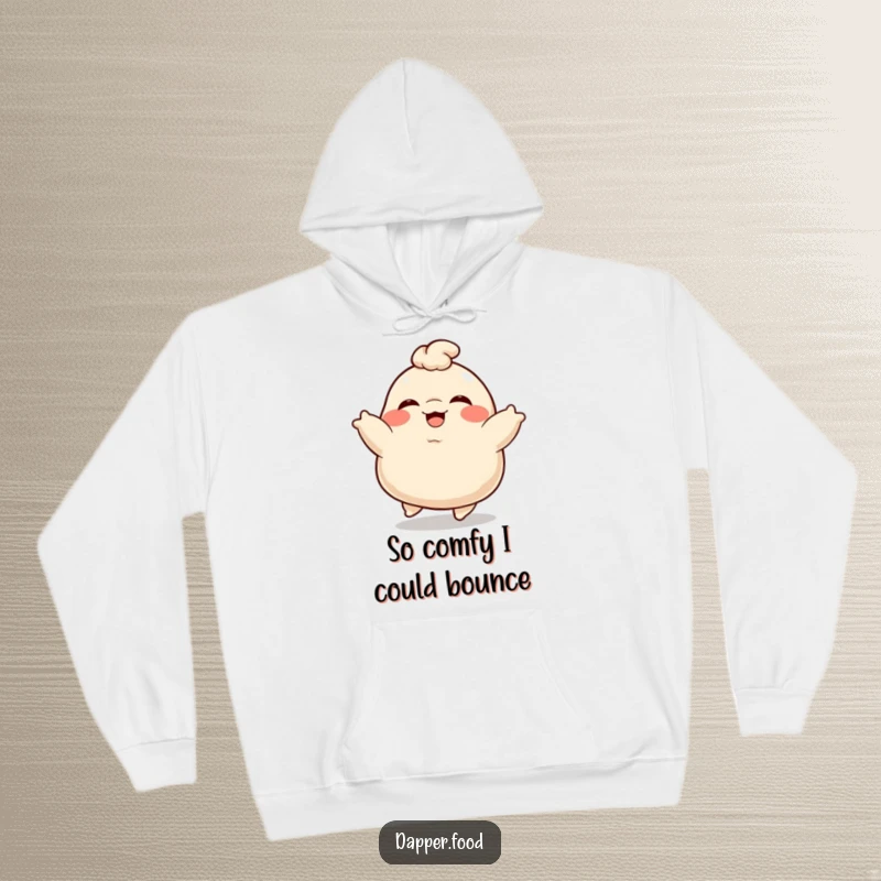 Funny Dumpling Hoodie: A plump, giggling dumpling character bouncing with delight, offering warmth and humor.