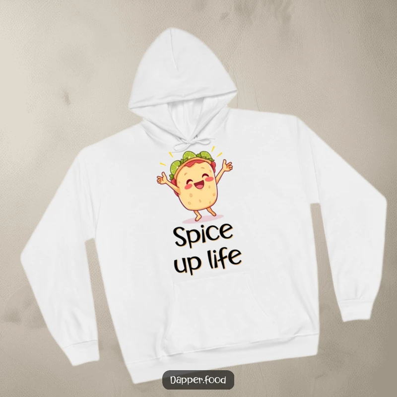 Funny hoodie print of a cheerful taco doing a lively victory dance with lime wedges, perfect for cozy celebrations.