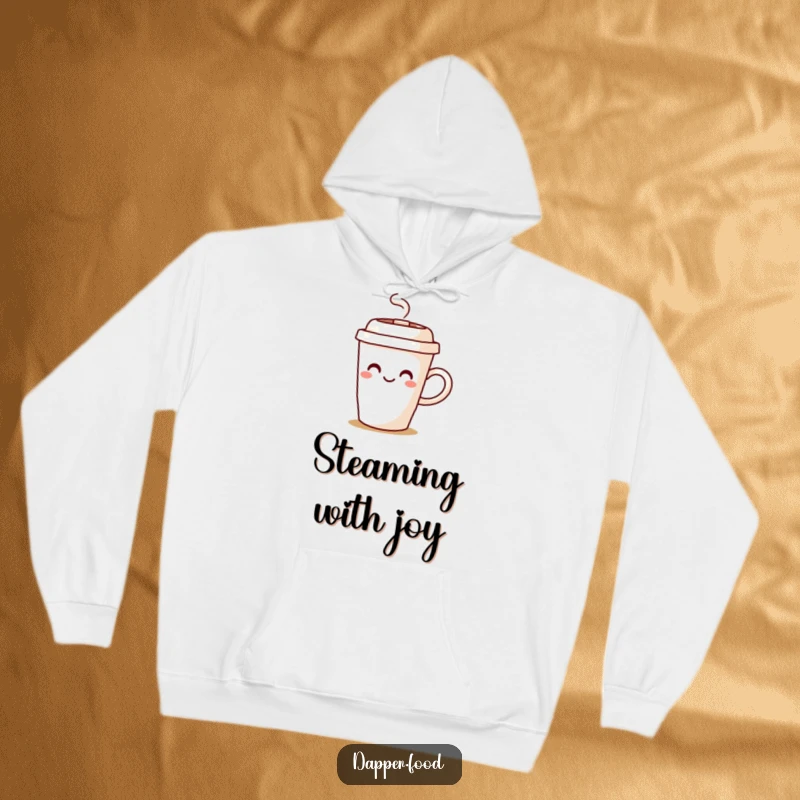 Funny coffee cup hoodie with a happy character joyfully spilling steam, designed for warmth and cheerful comfort.